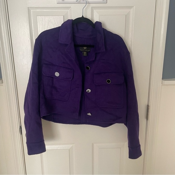 THE HOUSE OF HARLOW 1960 Purple M Cropped Wool-Blend Jacket Enamel buttons NWOT - Picture 1 of 9